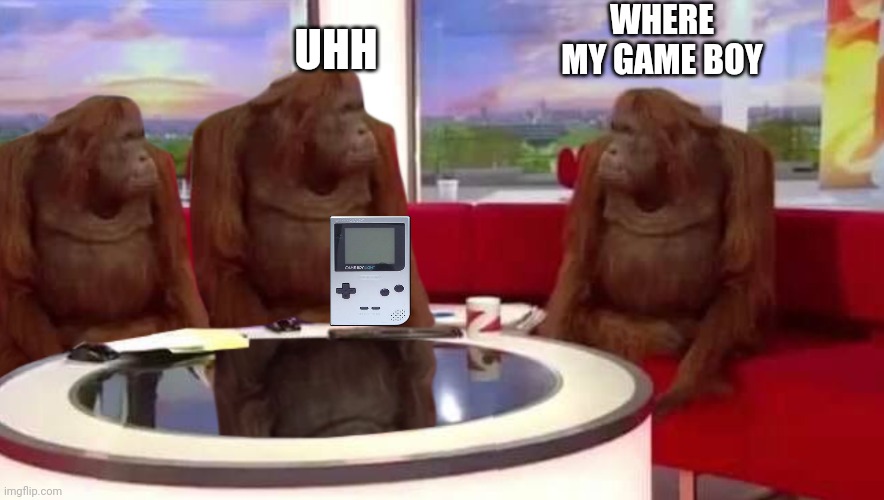 When your friend steals your Gameboy | WHERE MY GAME BOY; UHH | image tagged in where monkey | made w/ Imgflip meme maker