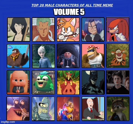 top 20 male characters of all time volume 5 | VOLUME 5 | image tagged in top 20 male characters of all time,favorites,dreamworks,nintendo,disney,smg4 | made w/ Imgflip meme maker