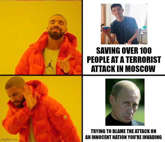 Who exemplifies true Russian honor and bravery? | SAVING OVER 100 PEOPLE AT A TERRORIST ATTACK IN MOSCOW; TRYING TO BLAME THE ATTACK ON AN INNOCENT NATION YOU'RE INVADING | image tagged in islam khalilov,vladimir putin,terrorism,russian lives matter,ukrainian lives matter | made w/ Imgflip meme maker