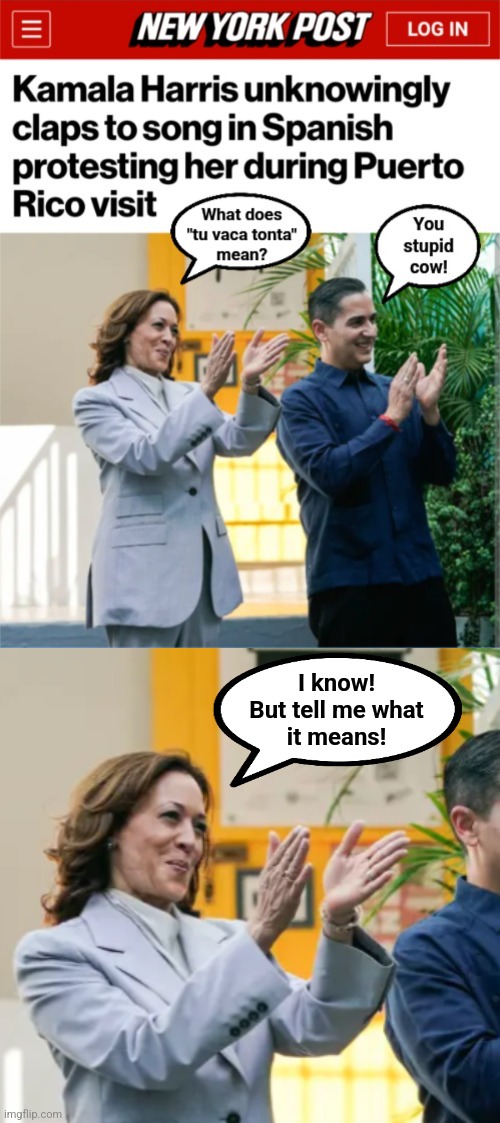 Kamala clueless in Puerto Rico | I know!
But tell me what
it means! | image tagged in memes,kamala harris,democrats,joe biden,puerto rico,clueless | made w/ Imgflip meme maker