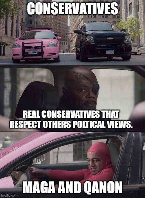 pink guy nick fury | CONSERVATIVES; REAL CONSERVATIVES THAT RESPECT OTHERS POLTICAL VIEWS. MAGA AND QANON | image tagged in pink guy nick fury | made w/ Imgflip meme maker