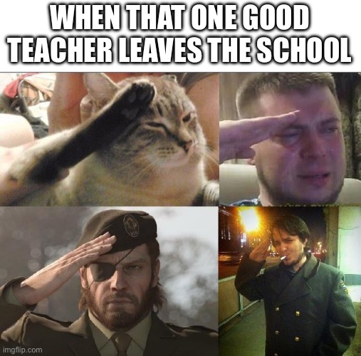 Happened to me on Thursday | WHEN THAT ONE GOOD TEACHER LEAVES THE SCHOOL | image tagged in ozon's salute,teacher,goodbye | made w/ Imgflip meme maker