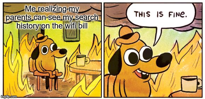 This Is Fine Meme | Me realizing my parents can see my search history on the wifi bill | image tagged in memes,this is fine,funny,dog,search history | made w/ Imgflip meme maker