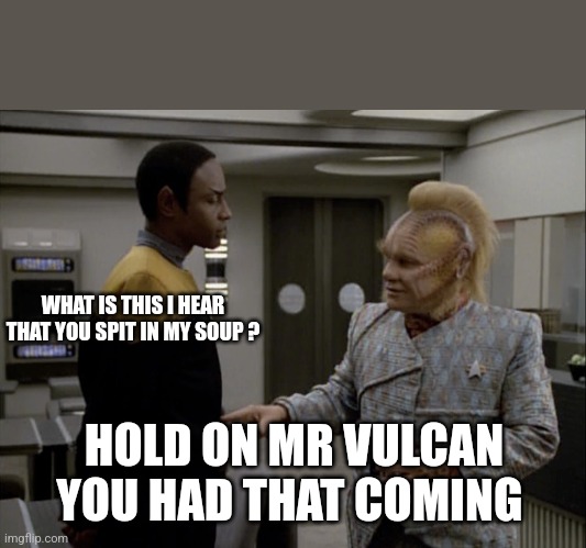 Tuvok Neelix | WHAT IS THIS I HEAR THAT YOU SPIT IN MY SOUP ? HOLD ON MR VULCAN
YOU HAD THAT COMING | image tagged in tuvok neelix | made w/ Imgflip meme maker