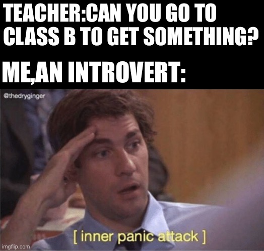 Inner panic attack | TEACHER:CAN YOU GO TO CLASS B TO GET SOMETHING? ME,AN INTROVERT: | image tagged in inner panic attack | made w/ Imgflip meme maker