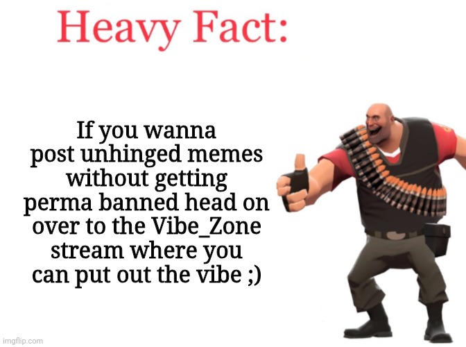 Heavy fact | If you wanna post unhinged memes without getting perma banned head on over to the Vibe_Zone stream where you can put out the vibe ;) | image tagged in heavy fact | made w/ Imgflip meme maker