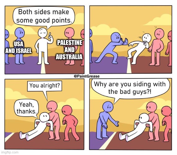 Both Sides Have A Point | PALESTINE AND AUSTRALIA; USA AND ISRAEL | image tagged in both sides have a point | made w/ Imgflip meme maker