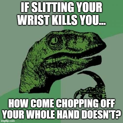 I do wonder... | IF SLITTING YOUR WRIST KILLS YOU... HOW COME CHOPPING OFF YOUR WHOLE HAND DOESN'T? | image tagged in memes,philosoraptor,dank memes,suicide,raptor asking questions | made w/ Imgflip meme maker