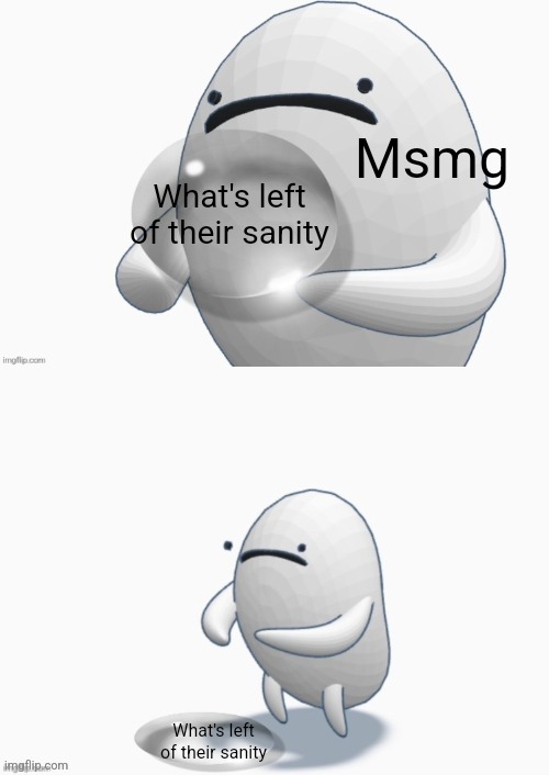 Sanity? Never heard of her | Msmg; What's left of their sanity; What's left of their sanity | image tagged in chrono bean drops a bubble | made w/ Imgflip meme maker