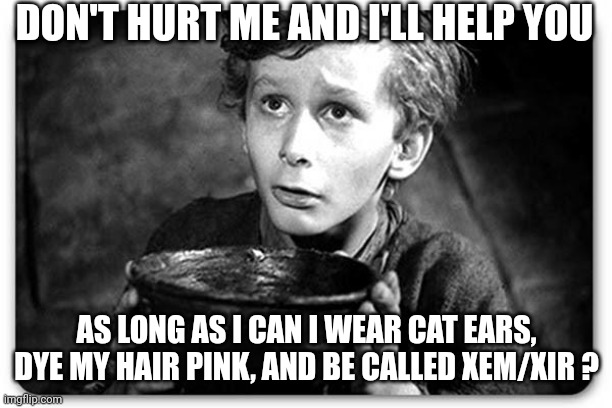 Beggar | DON'T HURT ME AND I'LL HELP YOU AS LONG AS I CAN I WEAR CAT EARS, DYE MY HAIR PINK, AND BE CALLED XEM/XIR ? | image tagged in beggar | made w/ Imgflip meme maker