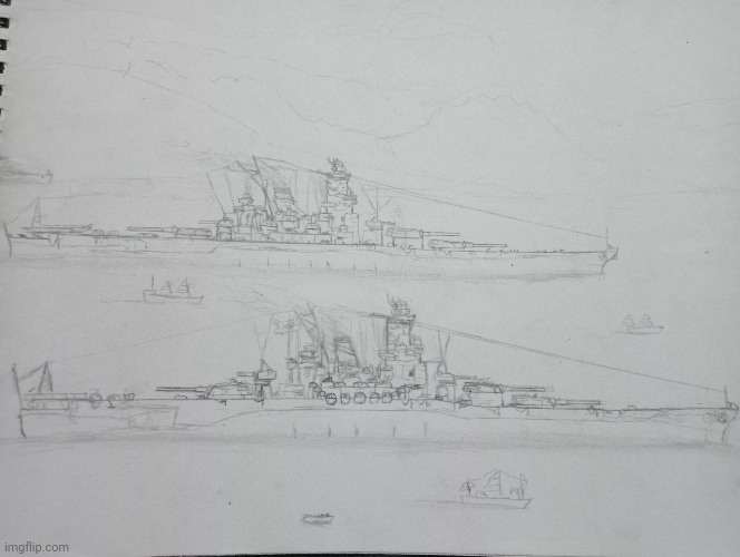 My drawing of the IJN Yamato, again, with her sister ship Musashi (2022) | image tagged in ship,japan,world war ii,war | made w/ Imgflip meme maker