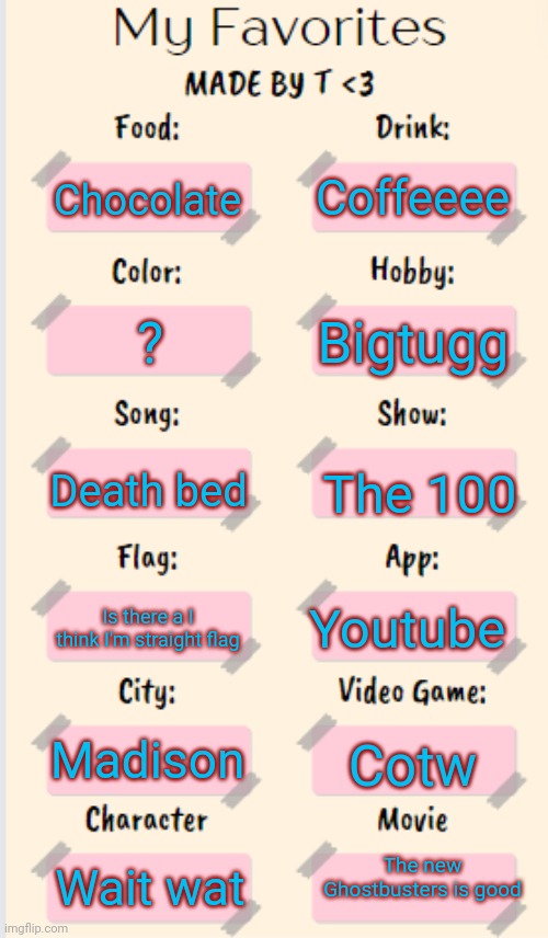 My Favorites made by T | Coffeeee; Chocolate; Bigtugg; ? Death bed; The 100; Youtube; Is there a I think I'm straight flag; Madison; Cotw; The new Ghostbusters is good; Wait wat | image tagged in my favorites made by t | made w/ Imgflip meme maker