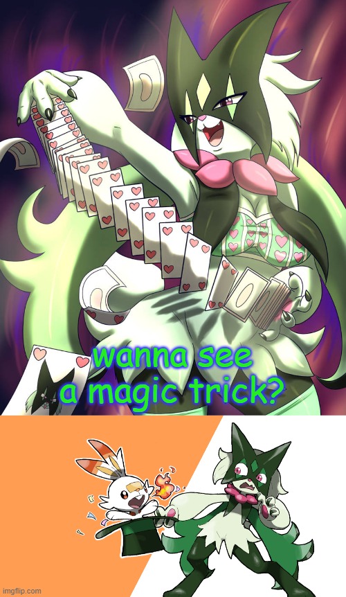 wanna see a magic trick? | image tagged in meowscarada,frost | made w/ Imgflip meme maker