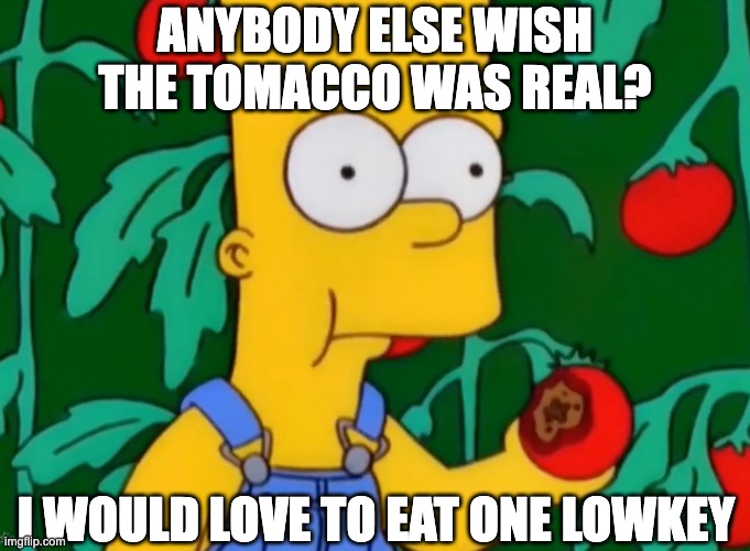 ANYBODY ELSE WISH THE TOMACCO WAS REAL? I WOULD LOVE TO EAT ONE LOWKEY | image tagged in tomacco,funny,the simpsons,plants,hot take | made w/ Imgflip meme maker