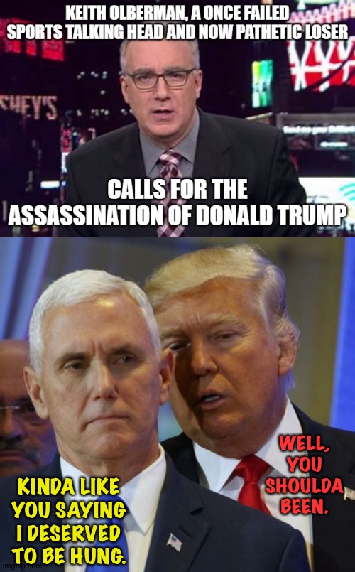 Donald's double standard | WELL, YOU SHOULDA BEEN. KINDA LIKE YOU SAYING I DESERVED TO BE HUNG. | image tagged in trump pence | made w/ Imgflip meme maker