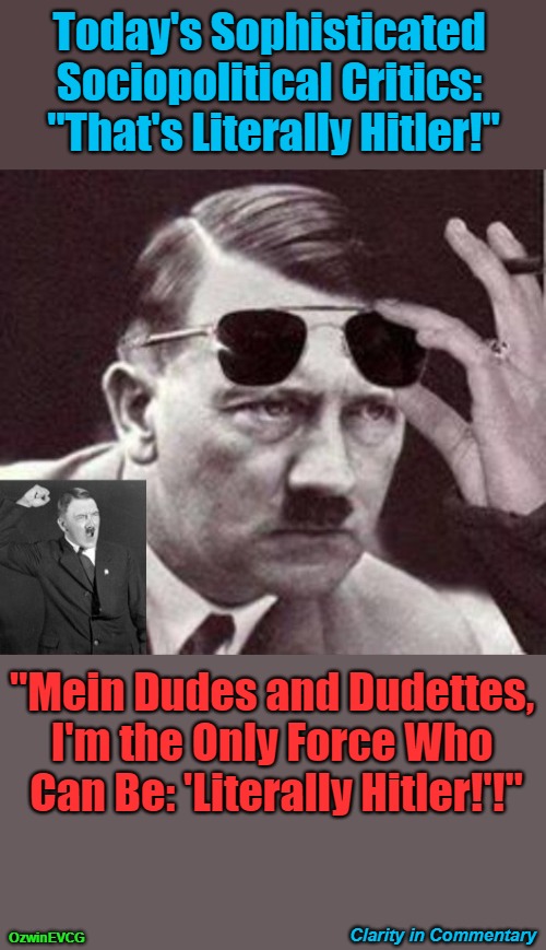 "That’s Literally ------!" #02 | Today's Sophisticated 

Sociopolitical Critics: 

"That's Literally Hitler!"; "Mein Dudes and Dudettes, 

I'm the Only Force Who 

Can Be: 'Literally Hitler!'!"; Clarity in Commentary; OzwinEVCG | image tagged in social commentary,silly,political comedy,literally hitler,clown world,2020s | made w/ Imgflip meme maker