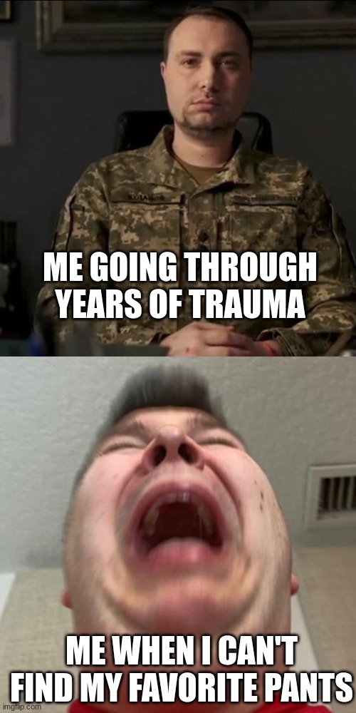 trauma be like | ME GOING THROUGH YEARS OF TRAUMA; ME WHEN I CAN'T FIND MY FAVORITE PANTS | image tagged in poker-face budanov,nicocado cry,dark humor,true story,funny,bipolar | made w/ Imgflip meme maker