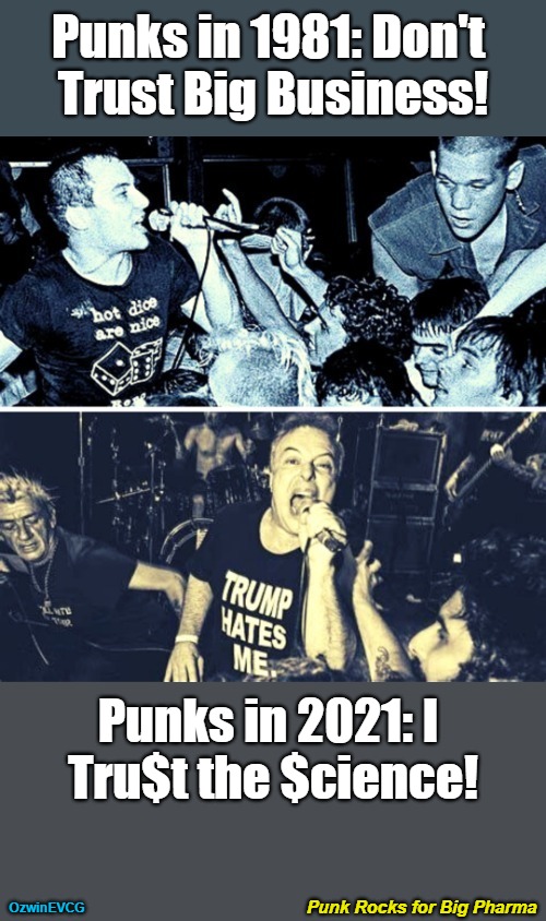 Punk Rocks for Big Pharma [NV] | Punks in 1981: Don't 

Trust Big Business! Punks in 2021: I 

Tru$t the $cience! Punk Rocks for Big Pharma; OzwinEVCG | image tagged in losing the plot,big pharma,punk rock,covid,clown world,trust the science | made w/ Imgflip meme maker