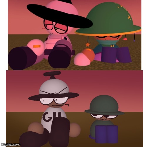 A bamodi and brobgonal chilling of lynth and boho chilling | image tagged in bamodi,brobgonal,banbodi,behind from corn farm,dave and bambi,fnf | made w/ Imgflip meme maker