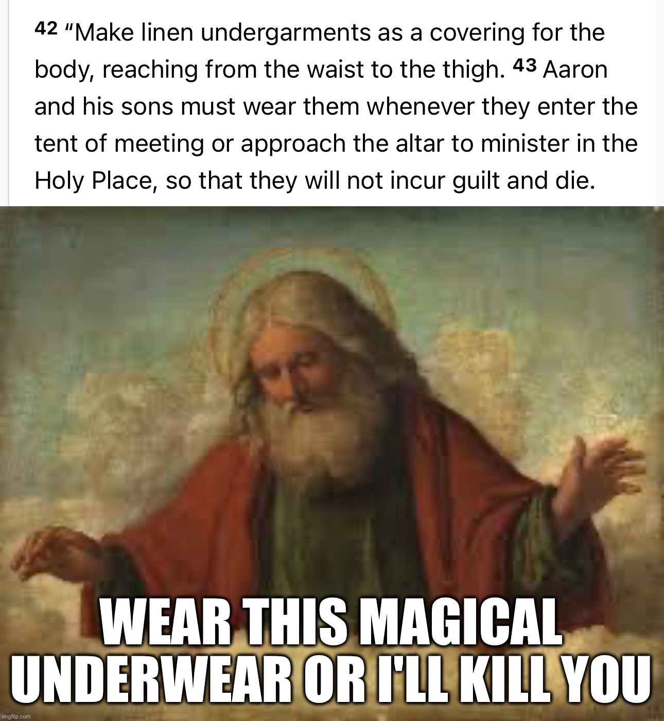 WEAR THIS MAGICAL UNDERWEAR OR I'LL KILL YOU | image tagged in god | made w/ Imgflip meme maker