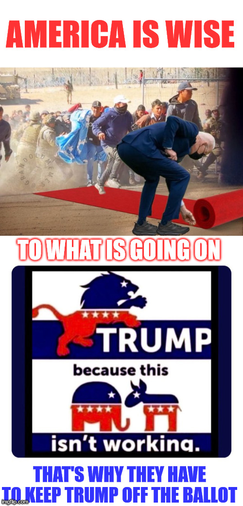 America can see what is going on and they don't support open borders | AMERICA IS WISE; TO WHAT IS GOING ON; THAT'S WHY THEY HAVE TO KEEP TRUMP OFF THE BALLOT | image tagged in democrats and rinos,want open borders,remember that when you vote | made w/ Imgflip meme maker