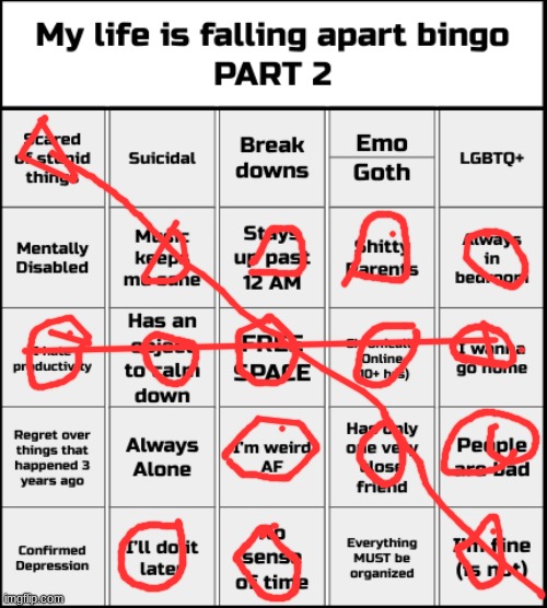 I did my own bingo :P | image tagged in my life is falling apart bingo | made w/ Imgflip meme maker