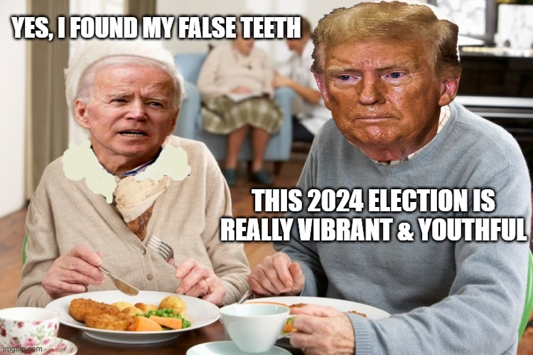 OLD STYLE: 2024 Free & Fair Presidential Elections | YES, I FOUND MY FALSE TEETH; THIS 2024 ELECTION IS REALLY VIBRANT & YOUTHFUL | image tagged in constitutional convention,constipated,fruit,democratic socialism,republican national convention,marxism | made w/ Imgflip meme maker