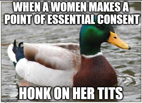 Actual Advice Mallard | WHEN A WOMEN MAKES A POINT OF ESSENTIAL CONSENT HONK ON HER TITS | image tagged in memes,actual advice mallard | made w/ Imgflip meme maker