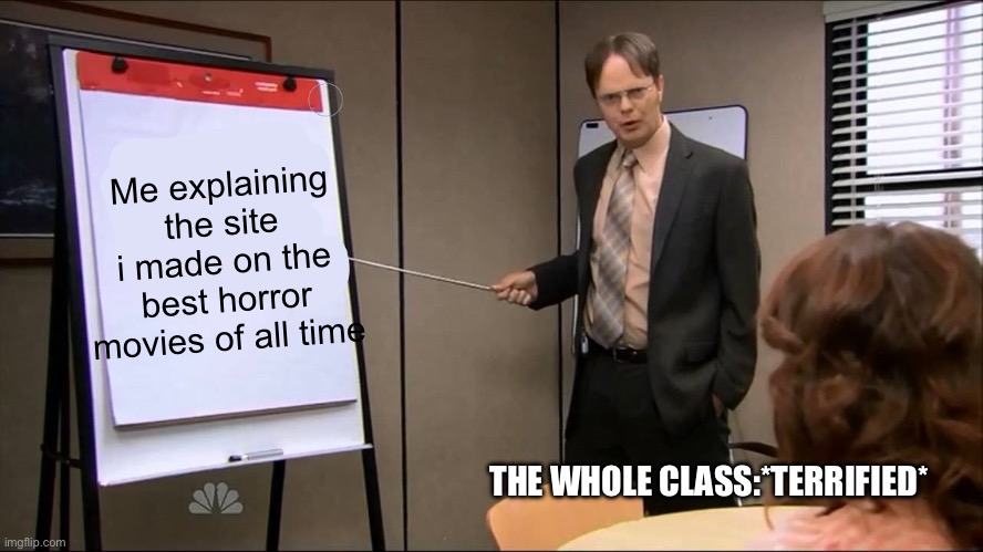 Dwight Schrute presentation | Me explaining the site i made on the best horror movies of all time; THE WHOLE CLASS:*TERRIFIED* | image tagged in dwight schrute presentation | made w/ Imgflip meme maker