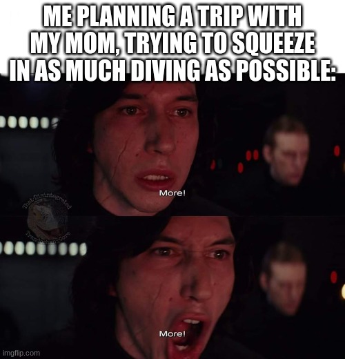 I swear, I have a SCUBA addiction | ME PLANNING A TRIP WITH MY MOM, TRYING TO SQUEEZE IN AS MUCH DIVING AS POSSIBLE: | image tagged in kylo ren more,scuba diving | made w/ Imgflip meme maker