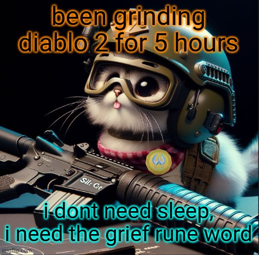 i got everything except one rune | been grinding diablo 2 for 5 hours; i dont need sleep, i need the grief rune word | image tagged in ai generated silly kitter but better | made w/ Imgflip meme maker