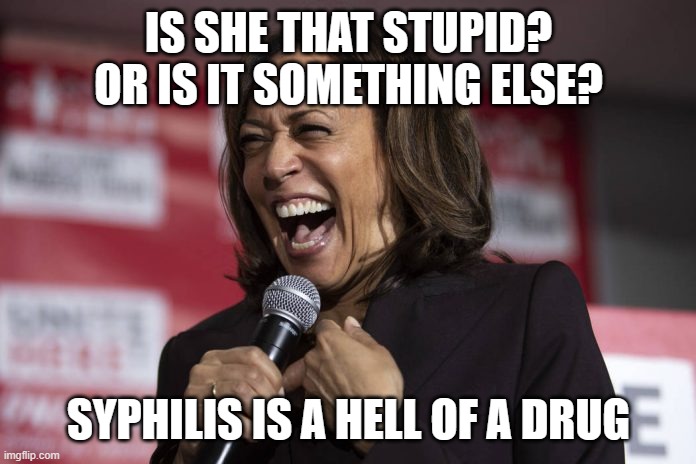 Kamala, the Idiotic Hyena | IS SHE THAT STUPID? OR IS IT SOMETHING ELSE? SYPHILIS IS A HELL OF A DRUG | image tagged in kamala laughing | made w/ Imgflip meme maker