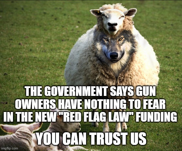 Wolf in sheep's clothing | THE GOVERNMENT SAYS GUN OWNERS HAVE NOTHING TO FEAR IN THE NEW "RED FLAG LAW" FUNDING; YOU CAN TRUST US | image tagged in wolf in sheep's clothing | made w/ Imgflip meme maker