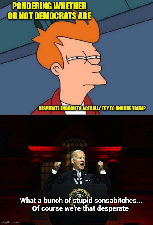 PONDERING WHETHER OR NOT DEMOCRATS ARE; DESPERATE ENOUGH TO ACTUALLY TRY TO UNALIVE TRUMP; What a bunch of stupid sonsabitches... Of course we're that desperate | image tagged in memes,futurama fry,biden as hitler | made w/ Imgflip meme maker