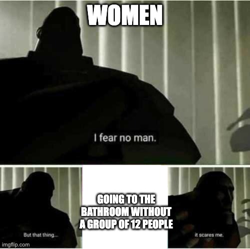 POV:women | WOMEN; GOING TO THE BATHROOM WITHOUT A GROUP OF 12 PEOPLE | image tagged in i fear no man,women,school | made w/ Imgflip meme maker
