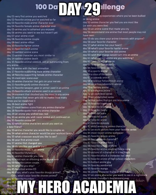 day 29 | DAY 29; MY HERO ACADEMIA | image tagged in 100 day anime challenge,anime,mha | made w/ Imgflip meme maker