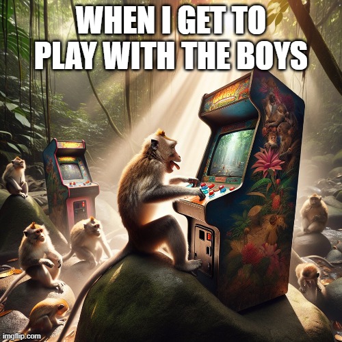 monkey | WHEN I GET TO PLAY WITH THE BOYS | image tagged in video games,monkey | made w/ Imgflip meme maker
