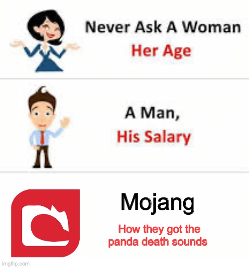 Things you should never ask | Mojang; How they got the panda death sounds | image tagged in never ask a woman her age | made w/ Imgflip meme maker