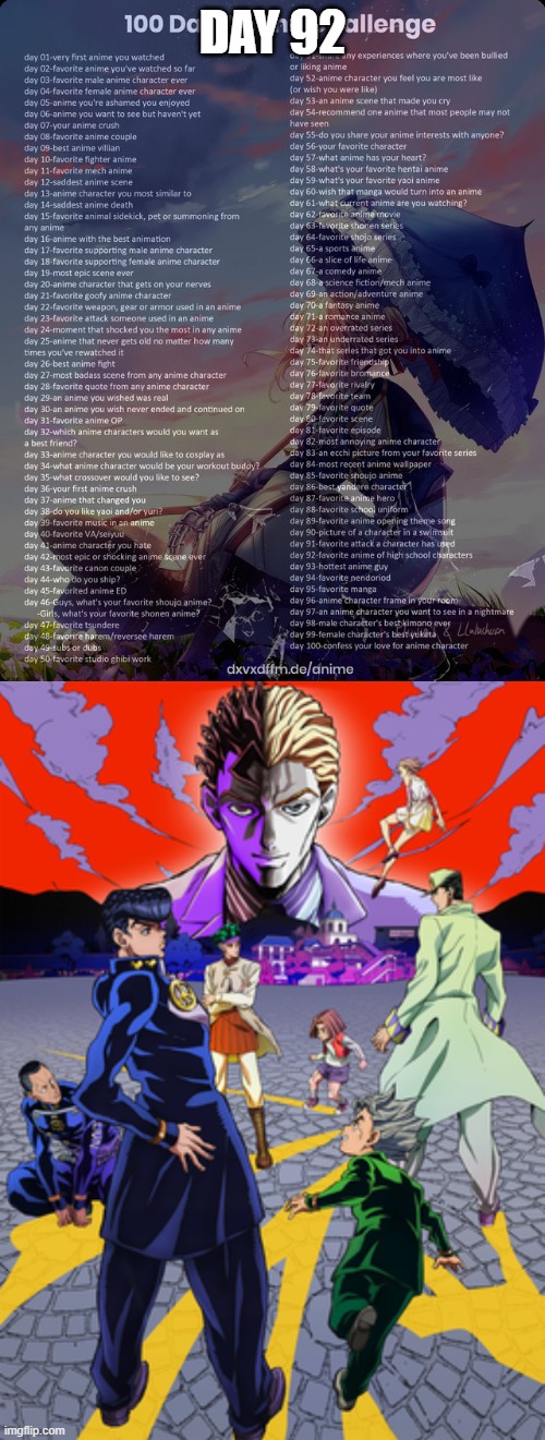 Day 92: JoJo's Bizarre Adventure Part 4: Diamond is Unbreakable | DAY 92 | image tagged in 100 day anime challenge | made w/ Imgflip meme maker