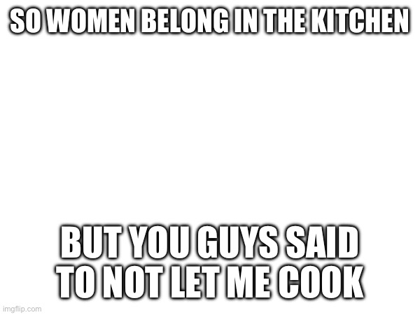 SO WOMEN BELONG IN THE KITCHEN; BUT YOU GUYS SAID TO NOT LET ME COOK | made w/ Imgflip meme maker