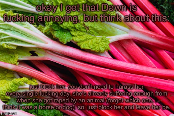 please. | okay I get that Dawn is fucking annoying, but think about this:; just block her. you don’t need to harass her every single fucking day. she’s already suffering enough from when she got raped by an animal (forgot which one, I think it was a horse or dog). so, just block her and leave her be. | image tagged in rhubarb | made w/ Imgflip meme maker