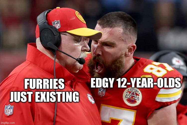 seriously, just don’t comment if you hate furries, is it too much to ask for? | FURRIES JUST EXISTING; EDGY 12-YEAR-OLDS | image tagged in travis kelce screams at andy reid | made w/ Imgflip meme maker