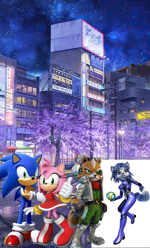 Sonic and Amy,Fox and Krystal enjoying a Anime city adventure | image tagged in anime city at night,star fox,sonic the hedgehog,amy rose,sonic,crossover | made w/ Imgflip meme maker