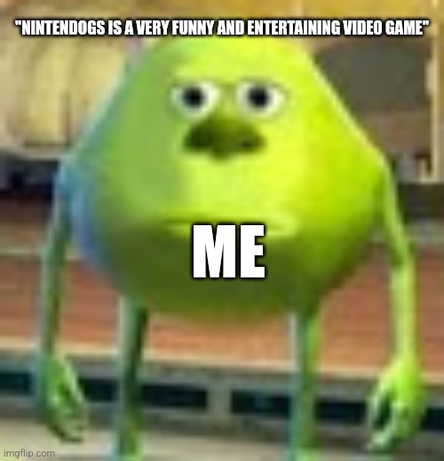 Sully Wazowski | "NINTENDOGS IS A VERY FUNNY AND ENTERTAINING VIDEO GAME"; ME | image tagged in sully wazowski | made w/ Imgflip meme maker