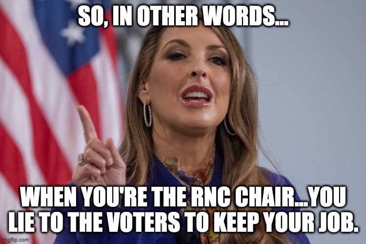 GOP SWINE | SO, IN OTHER WORDS... WHEN YOU'RE THE RNC CHAIR...YOU LIE TO THE VOTERS TO KEEP YOUR JOB. | image tagged in ronna mcdaniel | made w/ Imgflip meme maker