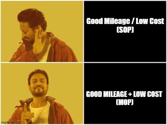 Multi-objective Optimization over Single-objective optimization for Car pricing while minimizing cost and maximizing the mileage | Good Mileage / Low Cost



(SOP); GOOD MILEAGE + LOW COST 
(MOP) | image tagged in irfan khan drake no drake | made w/ Imgflip meme maker