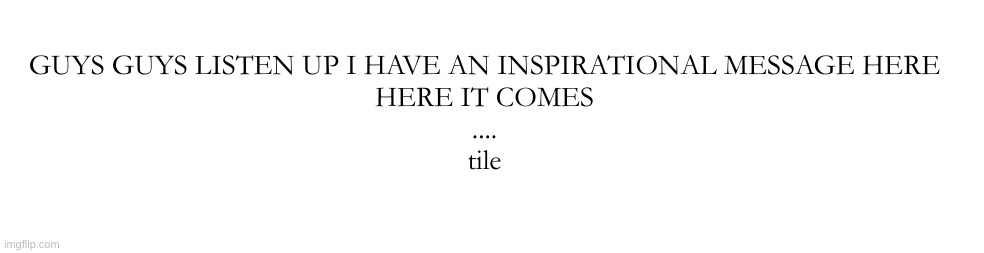 GUYS GUYS LISTEN UP I HAVE AN INSPIRATIONAL MESSAGE HERE
HERE IT COMES
....
tile | made w/ Imgflip meme maker