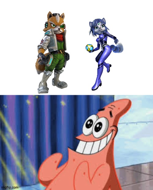 Even Patrick loves Fox and Krystal as a couple | image tagged in happy patrick,star fox | made w/ Imgflip meme maker