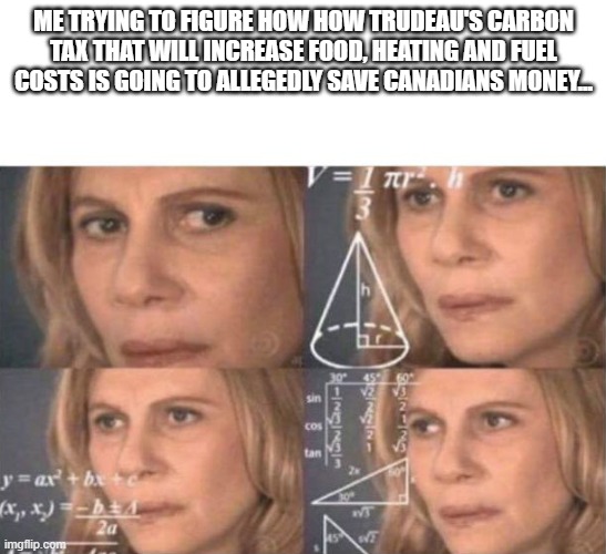 Julia Roberts Math | ME TRYING TO FIGURE HOW HOW TRUDEAU'S CARBON TAX THAT WILL INCREASE FOOD, HEATING AND FUEL COSTS IS GOING TO ALLEGEDLY SAVE CANADIANS MONEY... | image tagged in julia roberts math | made w/ Imgflip meme maker