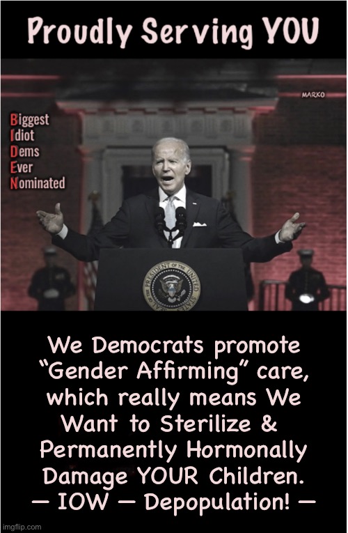 On the bright side — at least they’re all Lefties | We Democrats promote
“Gender Affirming” care,
which really means We
Want to Sterilize & 
Permanently Hormonally
Damage YOUR Children.
— IOW — Depopulation! — | image tagged in memes,lefties have mental problems,u dont allow psychotics to run a country,fjb voters leftists progressives kissmyass | made w/ Imgflip meme maker